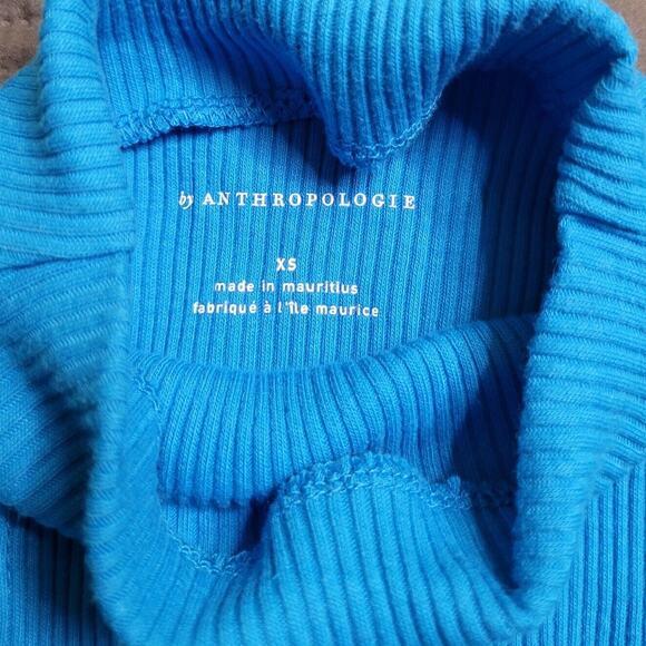 Anthropologie Sleeveless Turtleneck Top XS Blue Ribbed Knit Built-In Bra - Picture 3 of 5